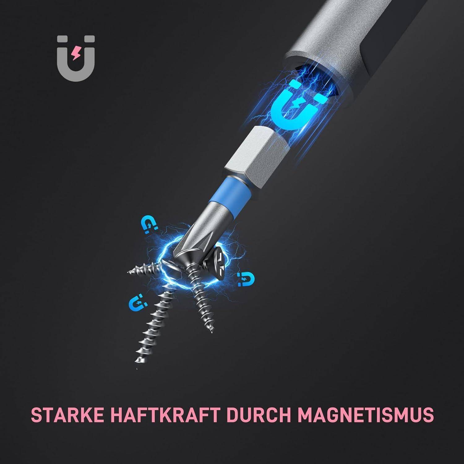 Ein magnetischer Bohrer hält Schrauben an Ort und Stelle und demonstriert seine starke Magnetkraft. Der Text lautet ‚STARKE HAFTKRAFT DURCH MAGNETISMUS' auf Deutsch.