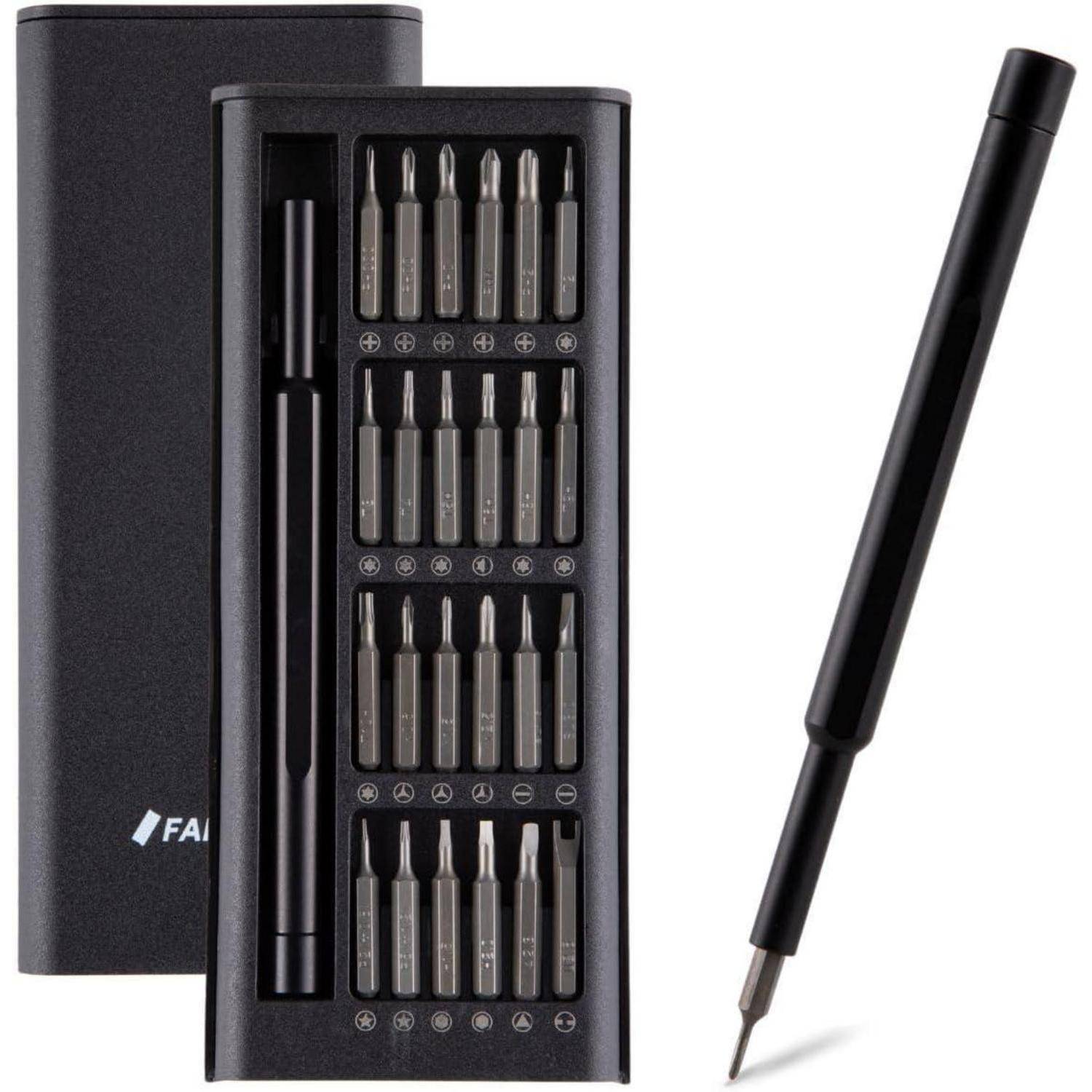 Ein schwarzer magnetischer Schraubendrehersatz mit mehreren austauschbaren Bits, die ordentlich in einem rechteckigen Etui angeordnet sind, zusammen mit einem Präzisionsgriff.