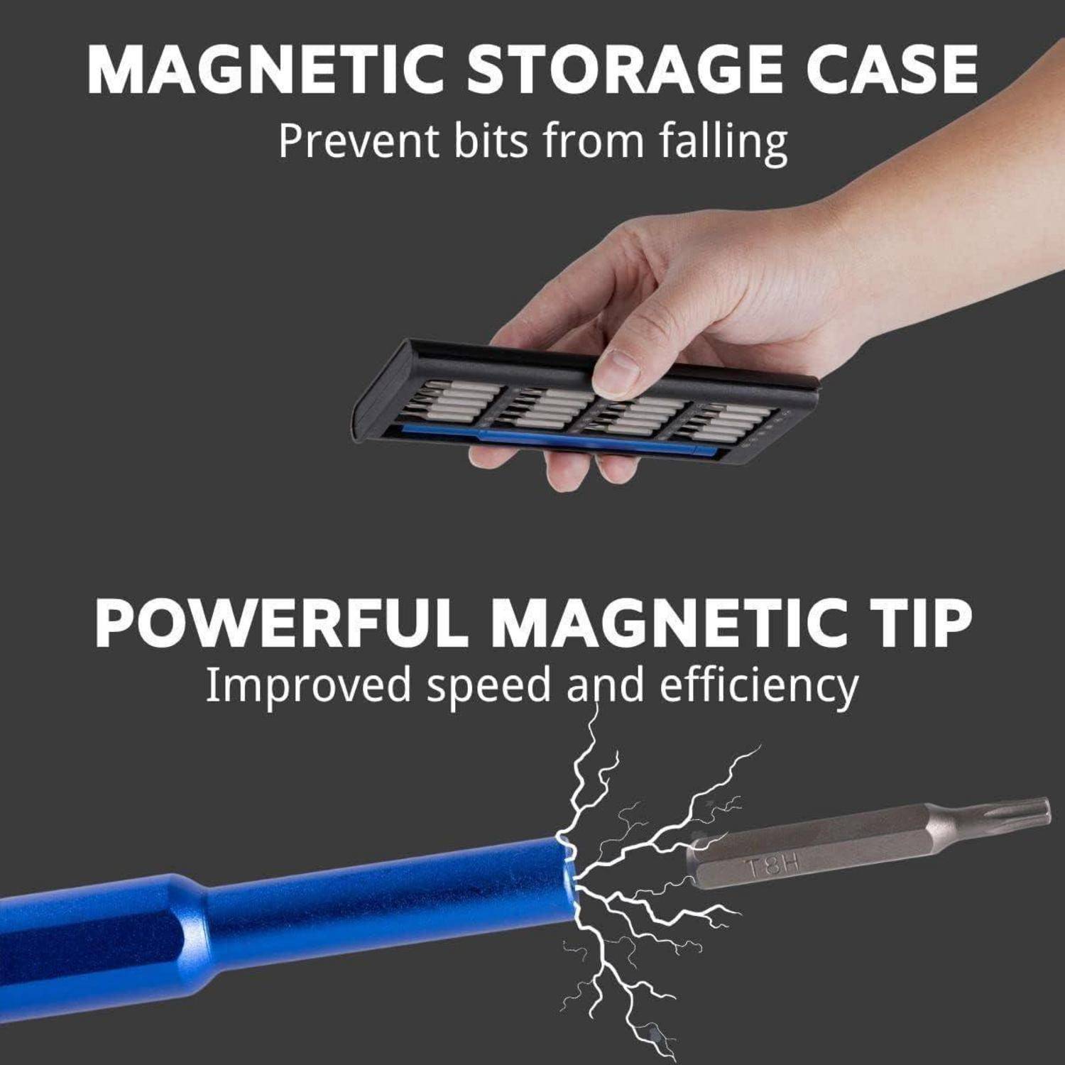 Hand, die eine magnetische Aufbewahrungsbox hält und verhindert, dass Bits herunterfallen; darunter ein Werkzeug mit einer leistungsstarken magnetischen Spitze zur Steigerung von Geschwindigkeit und Effizienz.