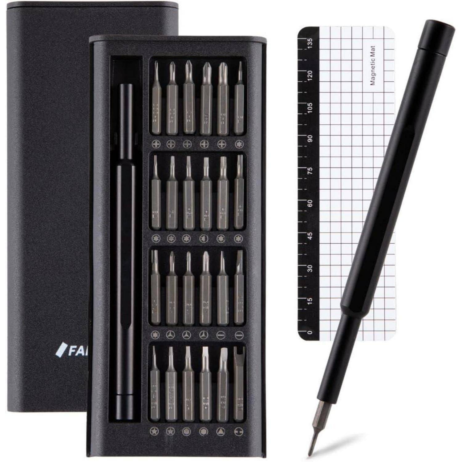 Schwarzer Präzisions-Schraubendrehersatz mit mehreren austauschbaren Bits und magnetischem Streifen. Enthält einen schlanken, schwarzen Griff.