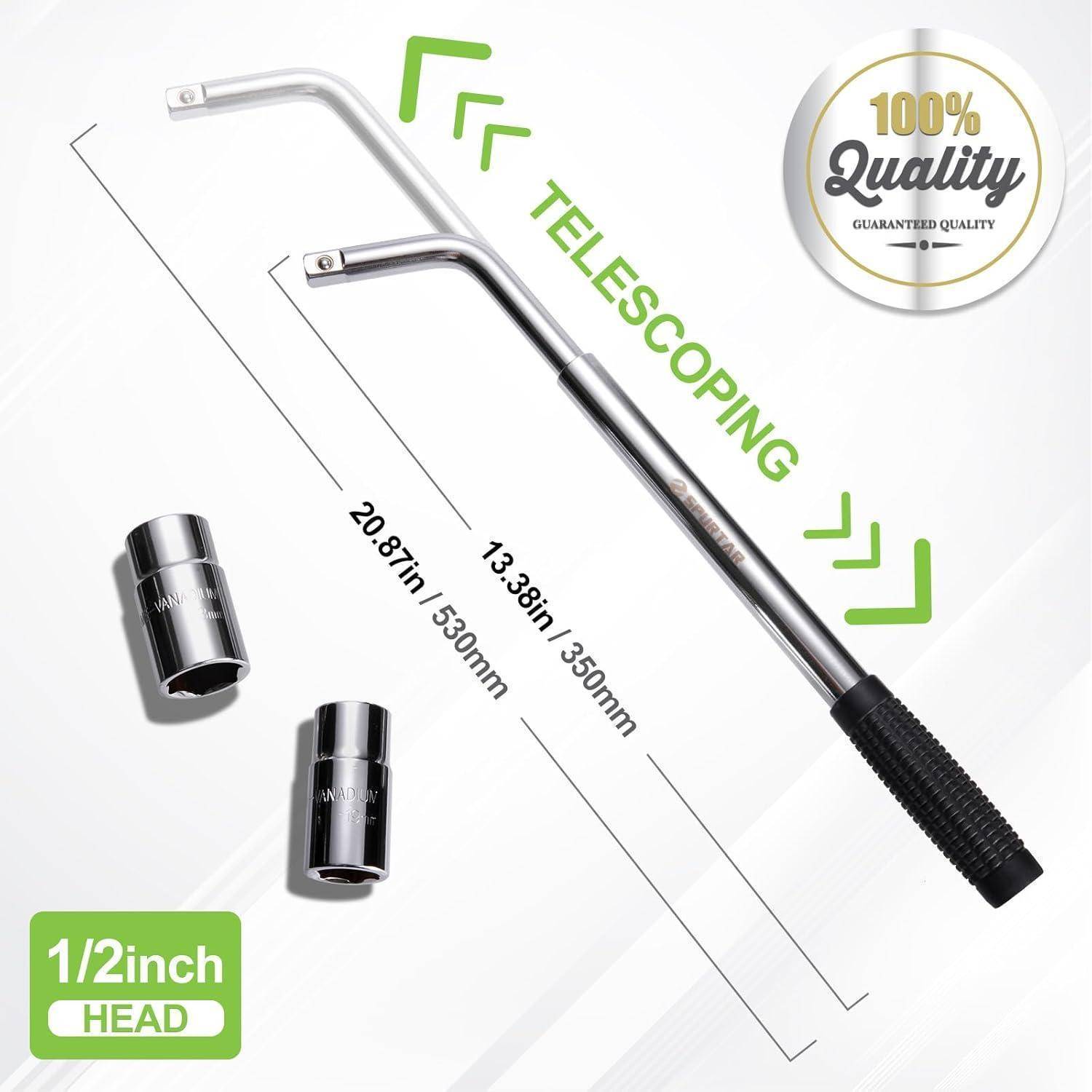 TELSCOPING'-Werkzeug mit '100% Qualität'-Abzeichen, Gummigriff und zwei Metallmuffen. Längen: 13,38 Zoll bis 20,87 Zoll (340 mm bis 530 mm).