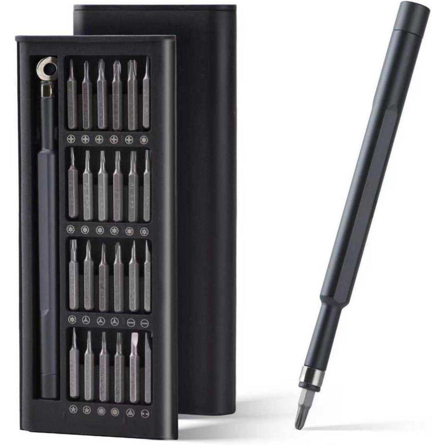 Ein schlankes, schwarzes Präzisionsschraubendreher-Set mit mehreren austauschbaren Bits, die in einem Etui präsentiert werden, neben einem verlängerten Griff.