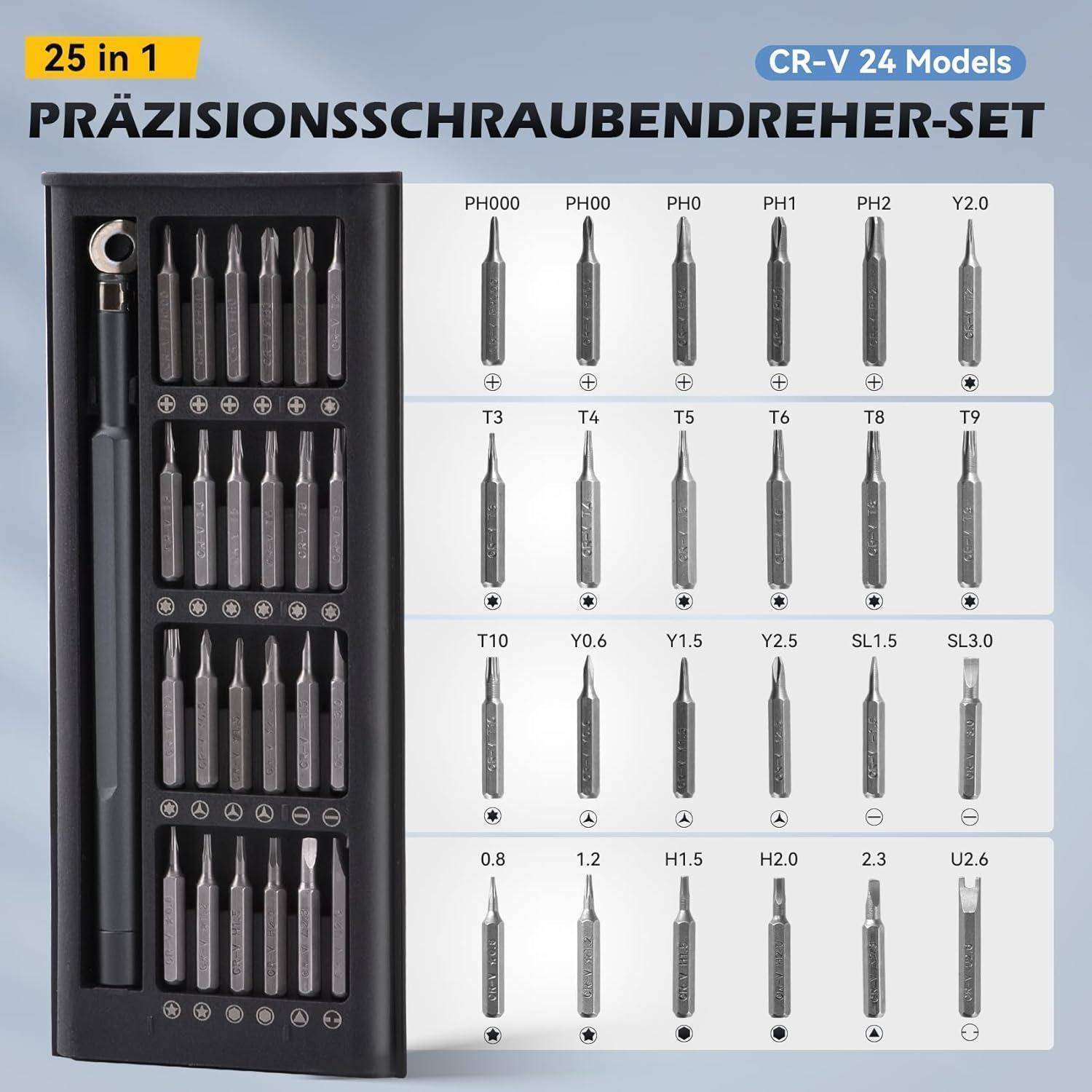 Ein Bild eines Präzisionsschraubendreher-Sets mit 25 Werkzeugen, mit der Aufschrift 'PRÄZISIONSSCHRAUBENDREHER-SET'. Werkzeuge mit verschiedenen Spitzentypen dargestellt.