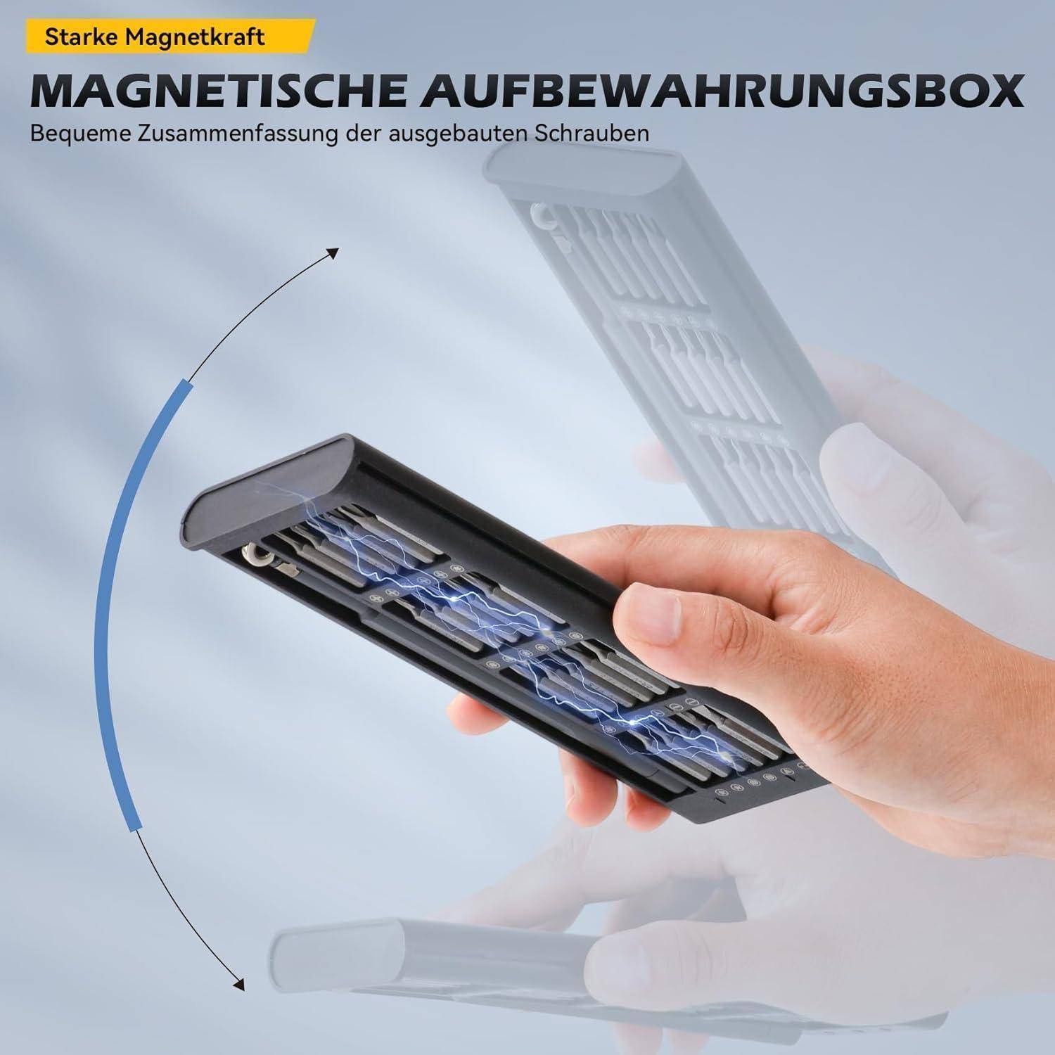 Hand hält eine magnetische Aufbewahrungsbox mit sichtbaren Schrauben darin. Text lautet 'Starke Magnetkraft' und 'Bequeme Zusammenfassung der ausgebauten Schrauben'.