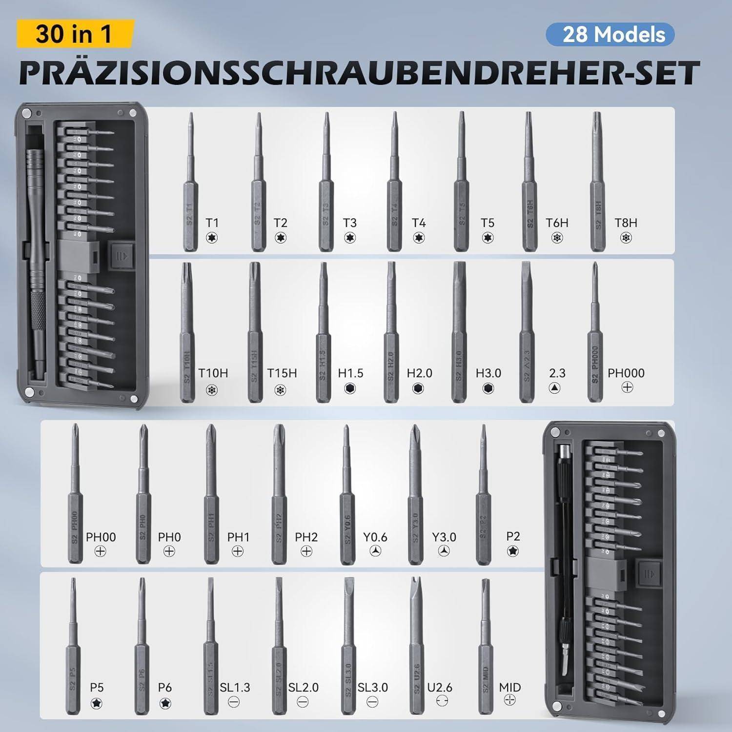 30 in 1 Präzisionsschraubendreher-Set' mit 28 Modellen, die verschiedene Schraubendreher-Köpfe mit Beschriftungen T1-T8H, H0.7-2.0 und PH0.5-SL3 zeigen.