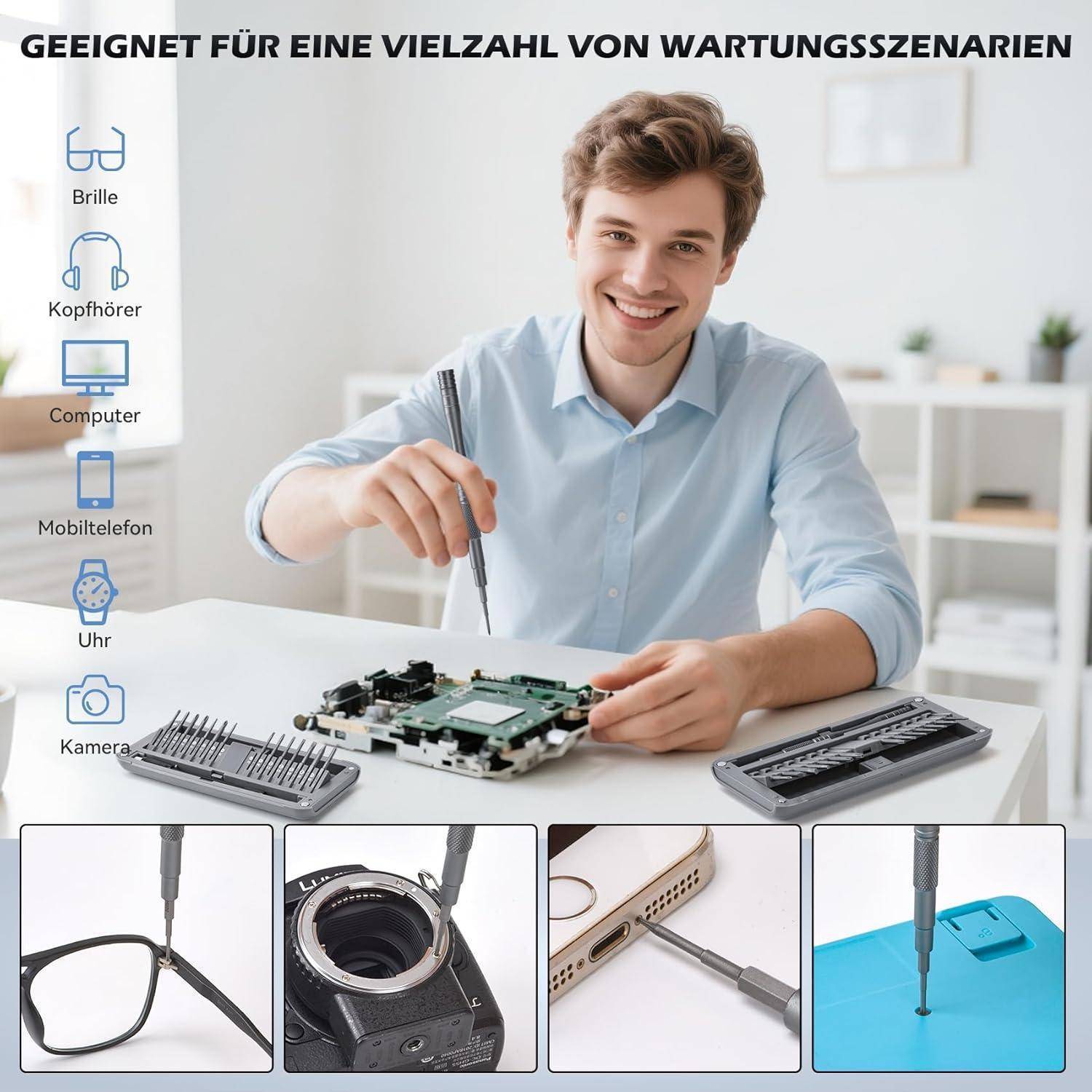 Eine Person lächelt, während sie ein Gerät mit einem Schraubendreher repariert. In der Nähe befinden sich Werkzeuge und kleine elektronische Komponenten. Text lautet: 'Geeignet für eine Vielzahl von Wartungsszenarien'.