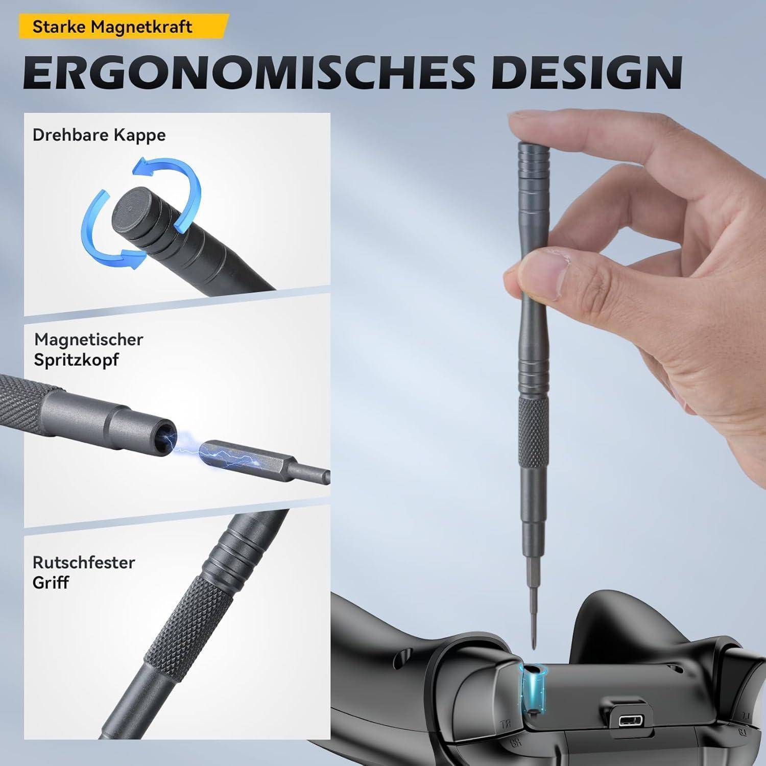 Hand, die ein Werkzeug benutzt, mit Anmerkungen, die Folgendes hervorheben: 'drehbare Kappe' (rotatable cap), 'Spritzkopf' (spray head), und 'Rutschfester Griff' (non-slip grip).