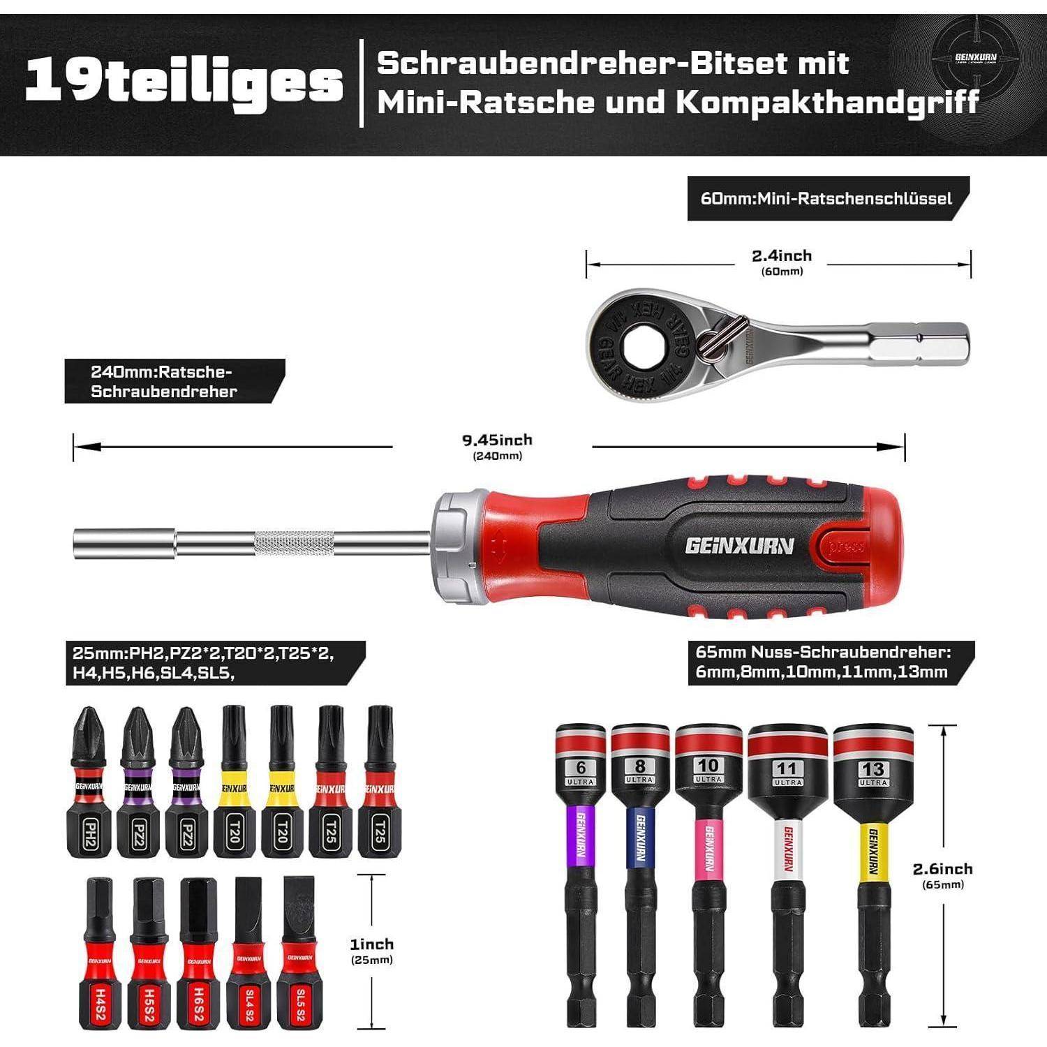 19-teiliges Schraubendreher-Bitset mit Mini-Ratsche und Kompaktgriff, gezeigt mit verschiedenen Bits und Werkzeugen, Größen von 1 Zoll bis 9,45 Zoll.