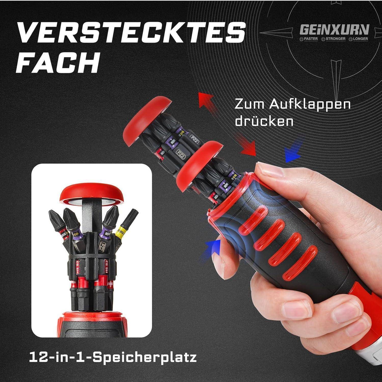 Hand, die ein schwarzes und rotes Multitool mit einem versteckten Fach hält, das verschiedene Schraubenziehereinsätze enthält, beschriftet mit '12-in-1-Speicherplatz'.