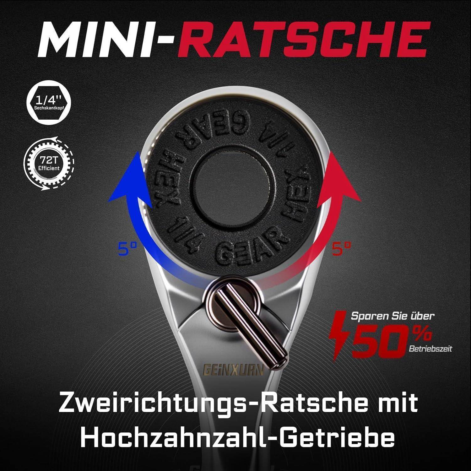 Ein 'Mini-Ratsche' Schraubenschlüssel, der eine 5-Grad bidirektionale Bewegung mit 72 Zähnen Effizienz hervorhebt und eine 50%ige Effizienzsteigerung betont.