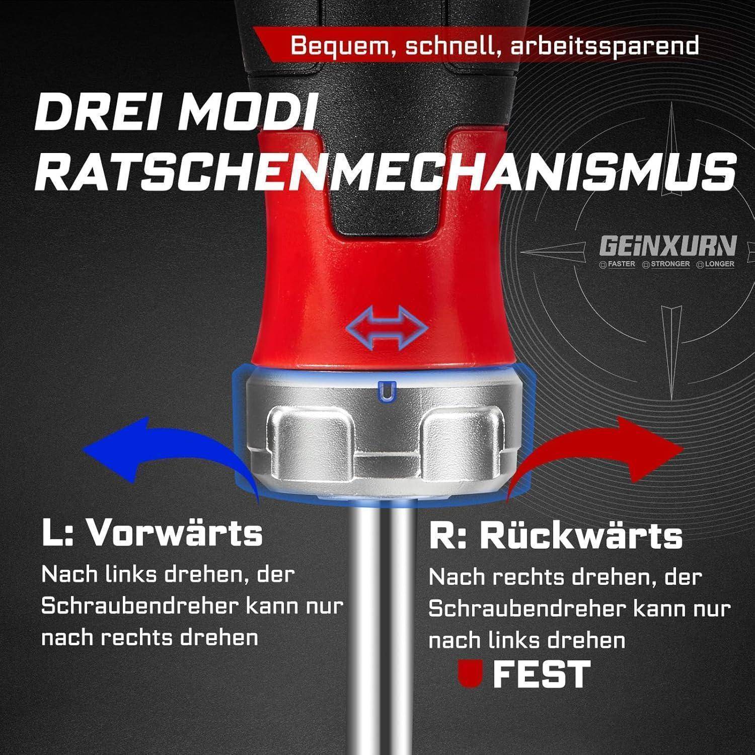 Roter und schwarzer Ratschenschraubendreher, der drei Modus zeigt: 'L: Vorwärts', 'R: Rückwärts' und 'Fest'. Text auf Deutsch erklärt die Modusfunktionen.