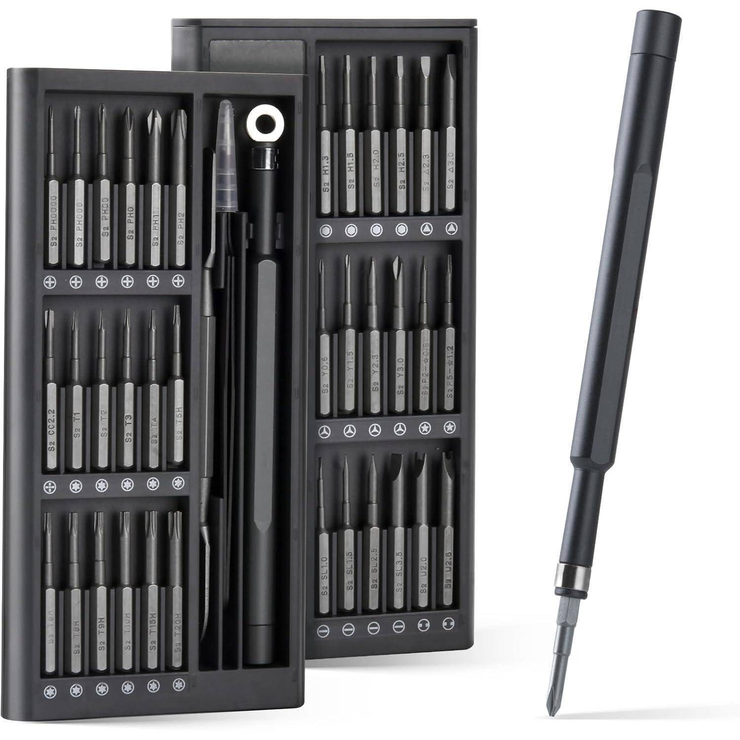 Ein umfassendes Schraubendreher-Set mit einer Vielzahl austauschbarer Bits, ordentlich in einem Etui verstaut, zusammen mit einem verlängerten Griff.