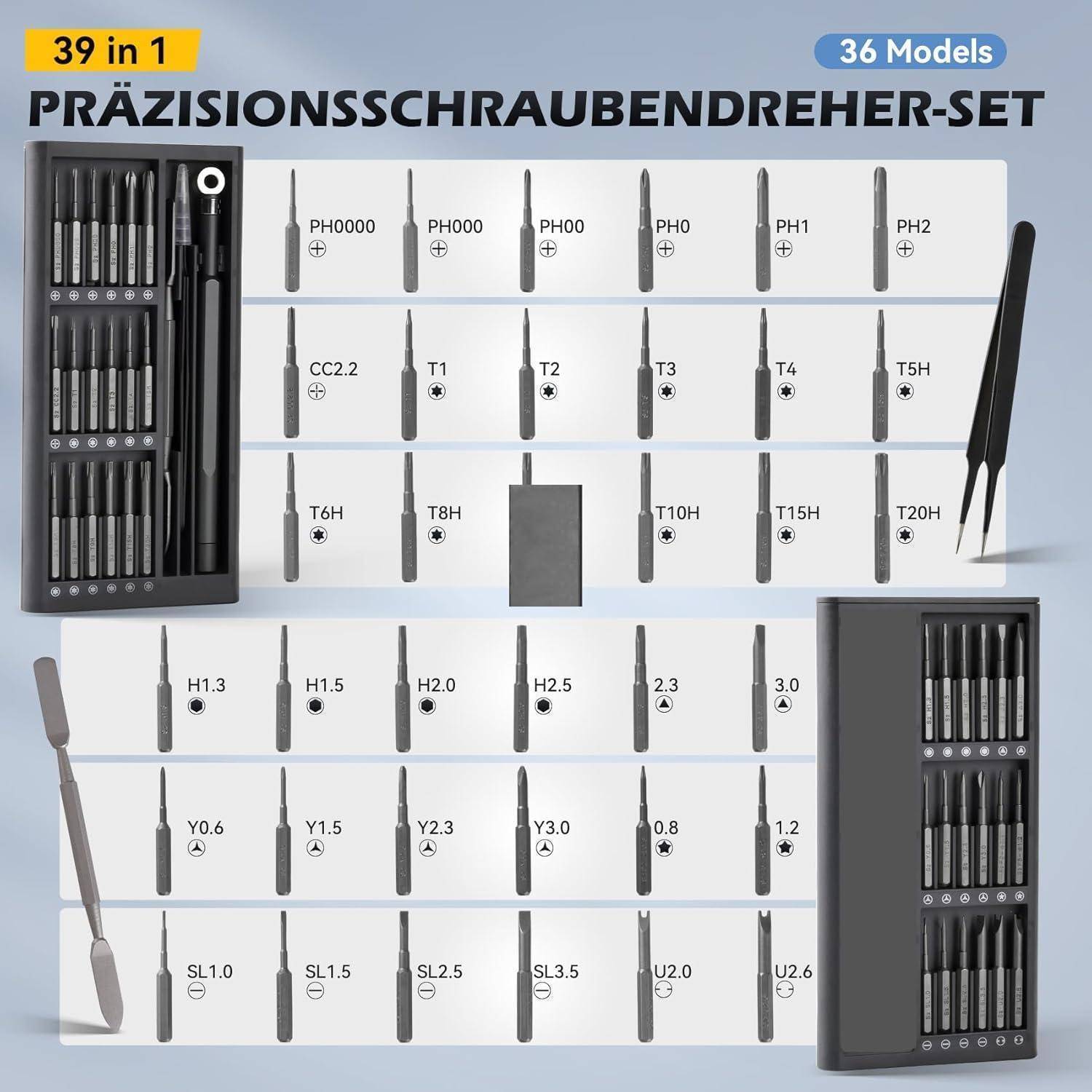 Präzisions-Schraubendreher-Set mit 39 Komponenten, einschließlich verschiedener Schraubendreher-Bits, Pinzette und einem Hebewerkzeug, alle übersichtlich angeordnet.