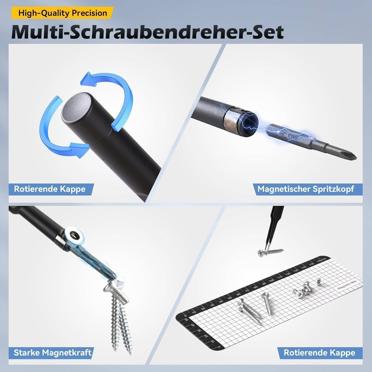 Multischraubendreher-Set mit rotierender Kappe, magnetischem Kopf und starker magnetischer Kraft für Schrauben. Hochwertige Präzision.