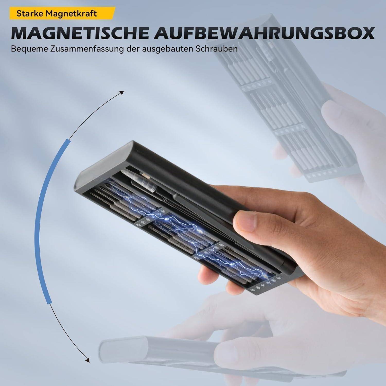 Eine Hand, die eine magnetische Aufbewahrungsbox für Schrauben hält und deren starke magnetische Kraft demonstriert. Text oben liest sich: 'MAGNETISCHE AUFBEWAHRUNGSBOX.