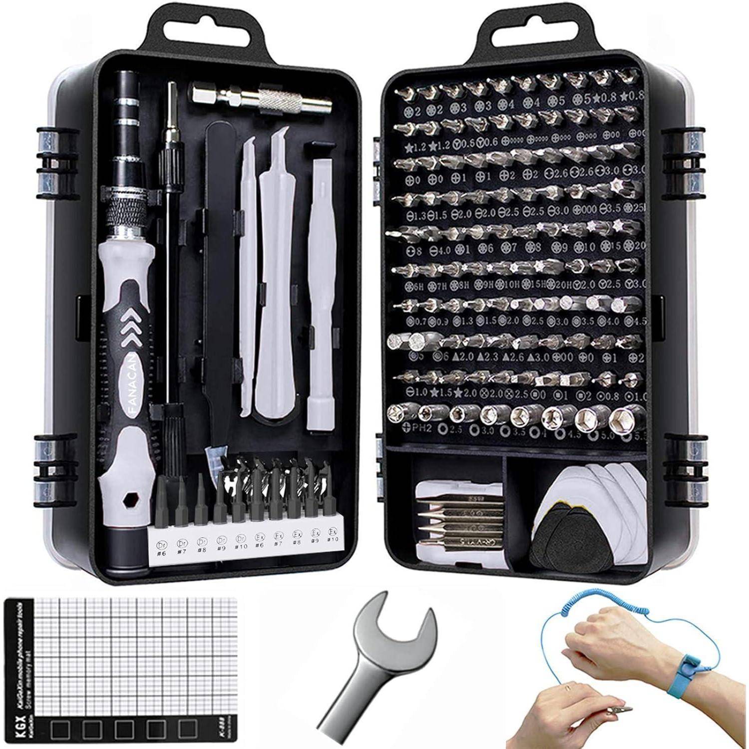 Elektronik-Reparatur-Set mit einem Schraubendreher, verschiedenen Bits, Pinzetten und Hebewerkzeugen, in einem geöffneten Etui präsentiert. Enthält ein Handgelenkband und einen kleinen Schraubenschlüssel.