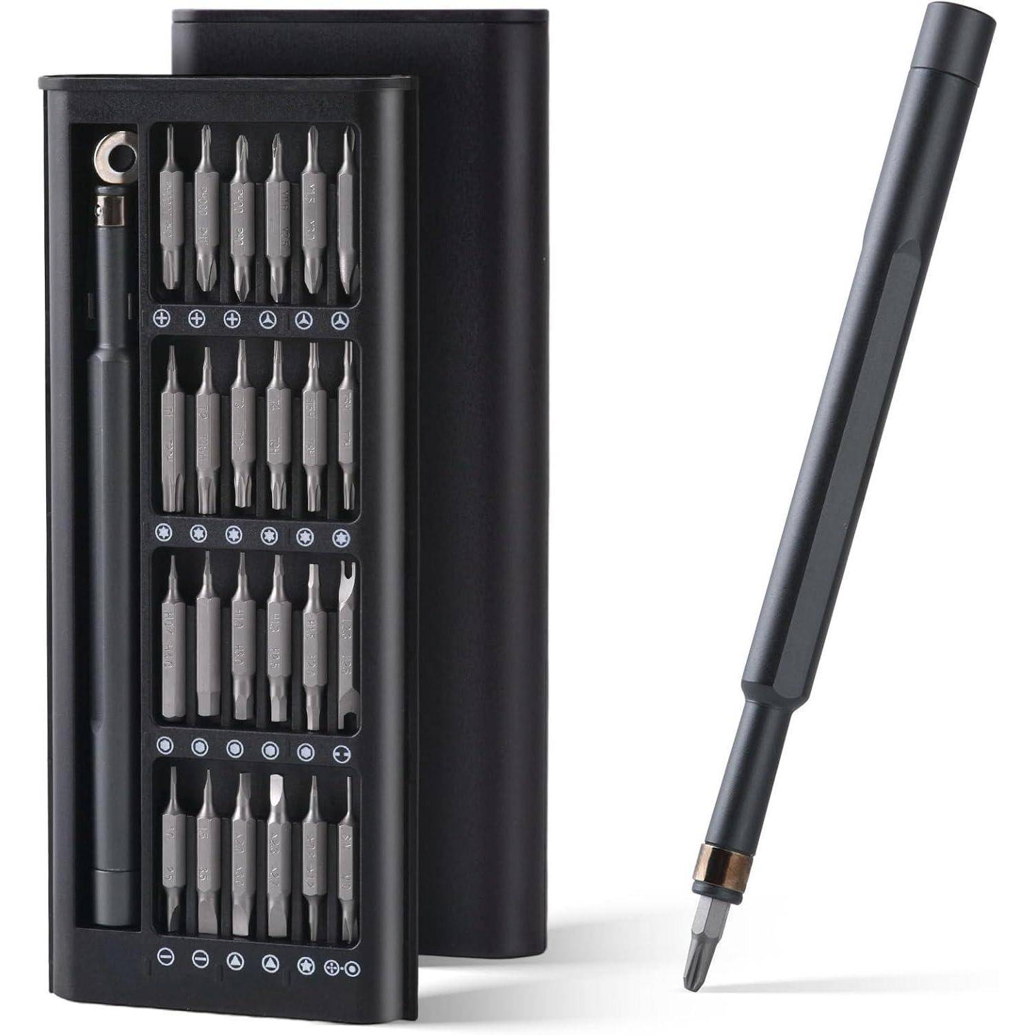 Prazisions-Schraubendreher-Set mit einer schlanken schwarzen Tasche und mehreren auswechselbaren Bits für die Elektronik-Reparatur.