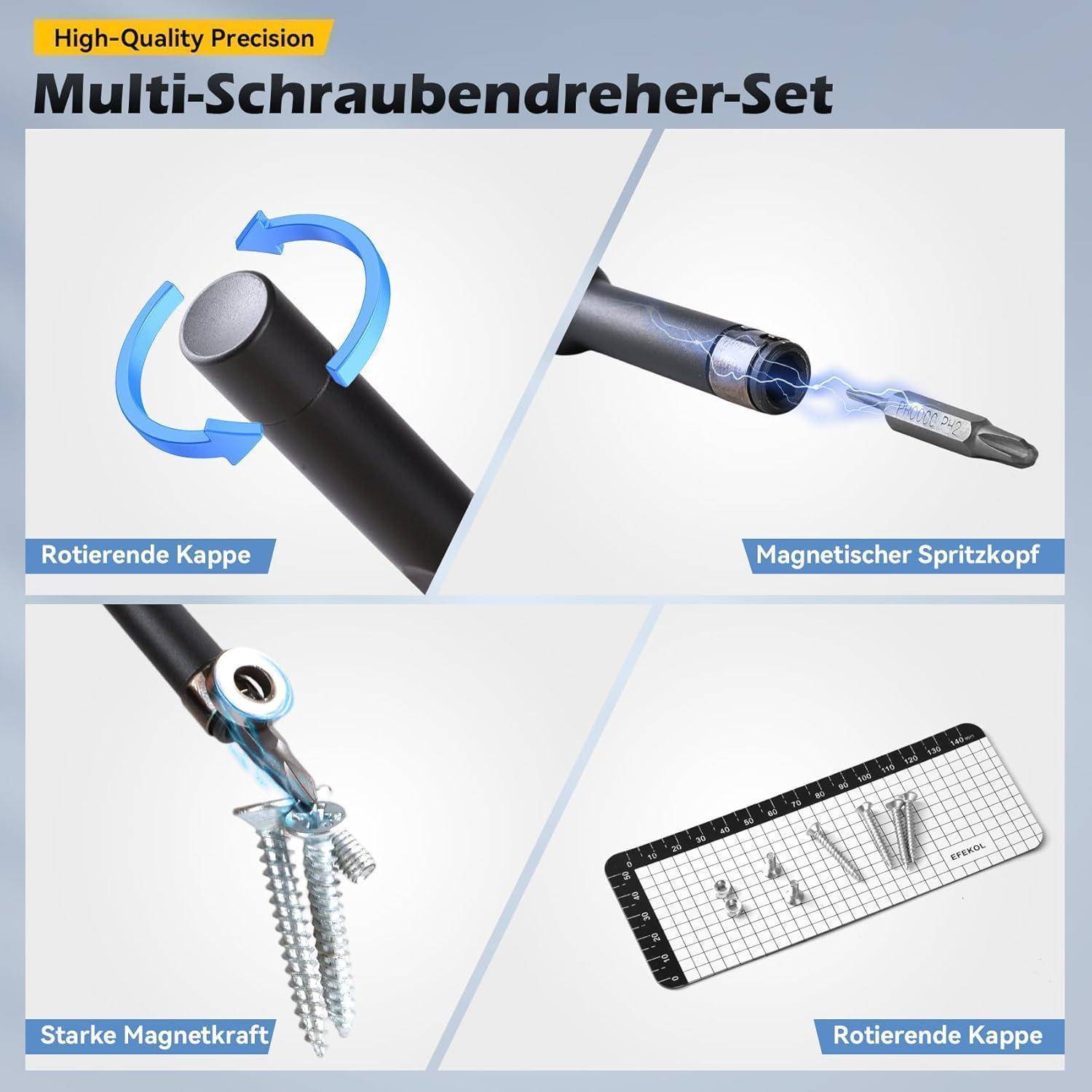 Multifunktionales Schraubendreher-Set mit den Merkmalen: rotierende Kappe für Präzision, magnetischer Bit für Schrauben und starke magnetische Kraft zum Halten von Schrauben.