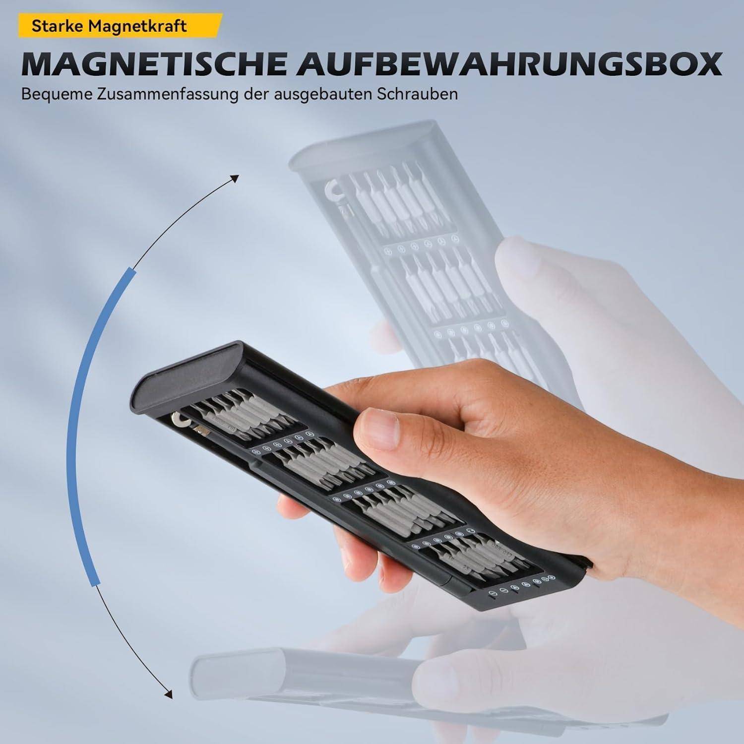 Eine Hand hält eine magnetisierte Aufbewahrungsbox mit Schrauben im Inneren. Der Text auf Deutsch lautet 