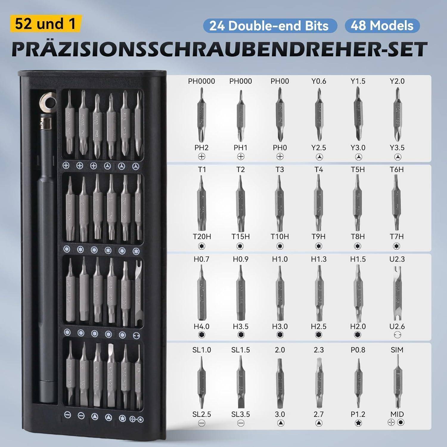 Präzisions-Schraubendreher-Set mit 24 doppelseitigen Bits, 48 Modellen, einschließlich PH-, T-, H-, Y-, U-, SL- und TR-Typen. Inklusive Aufbewahrungskoffer.