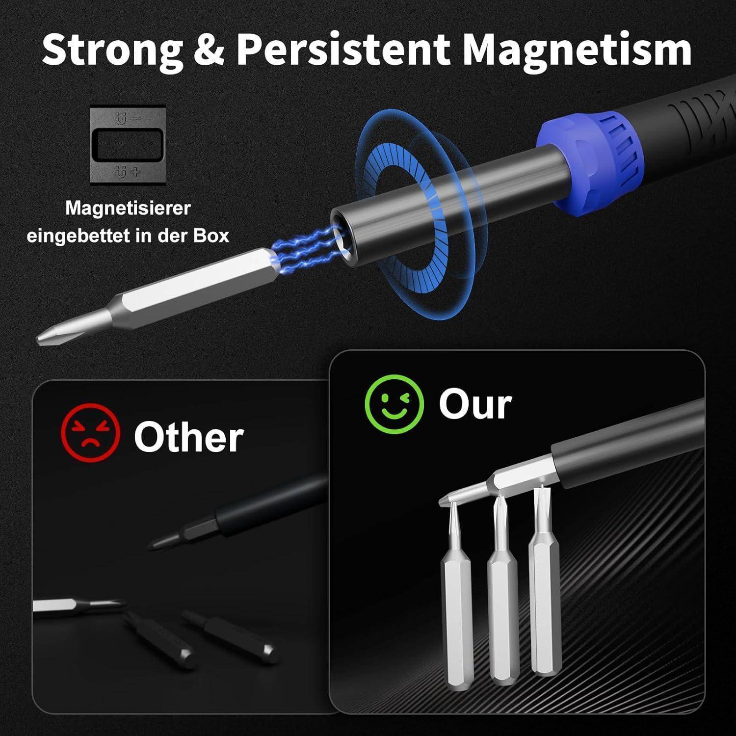 Elektroschrauber demonstriert starke, anhaltende Magnetisierung mit dynamischer Illustration. Vergleich zeigt verbesserte Leistung gegenüber anderen Modellen.