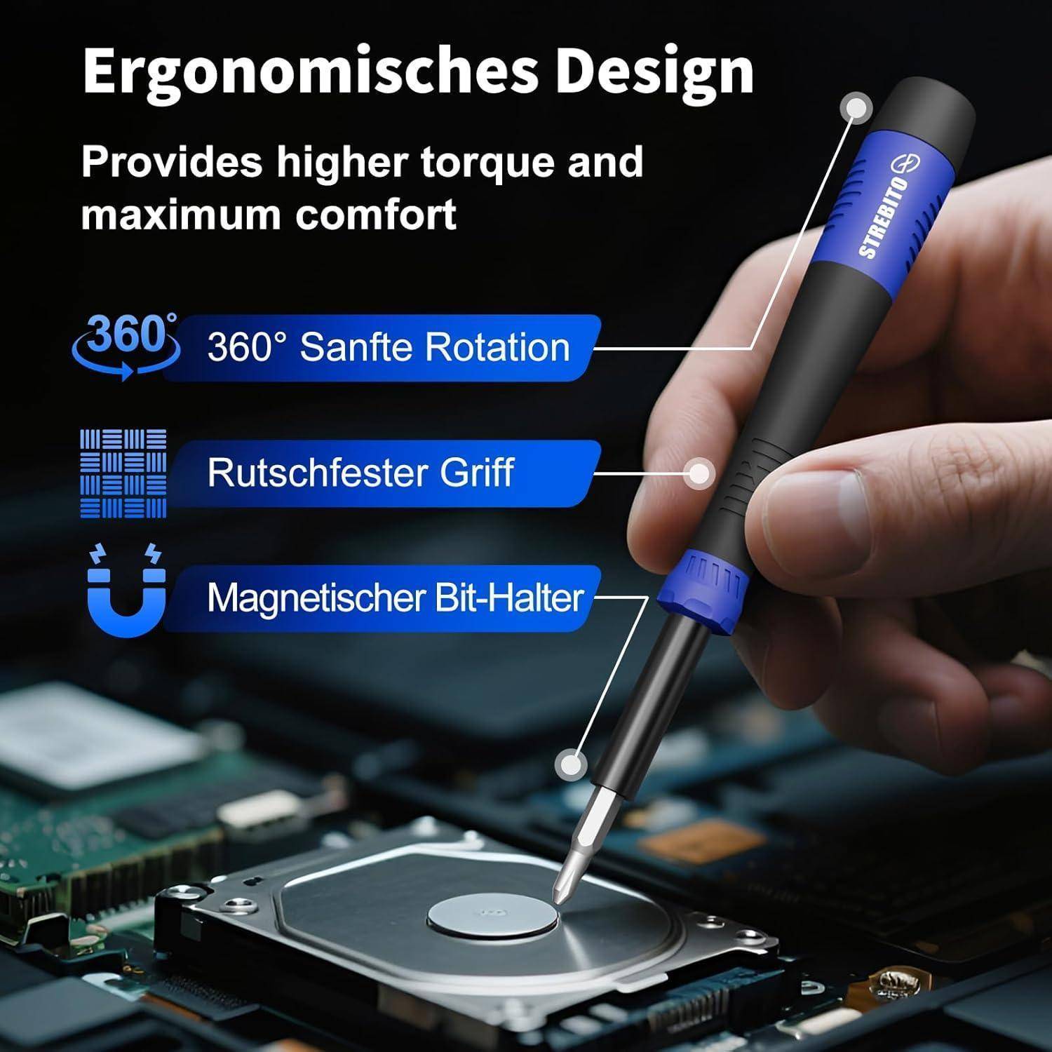 Eine Hand, die einen Schraubendreher verwendet, mit hervorgehobenen Merkmalen: '360° sanfte Rotation', 'rutschfester Griff' und 'Magnetischer Bithalter'. Beschriftung: 'Ergonomisches Design'.