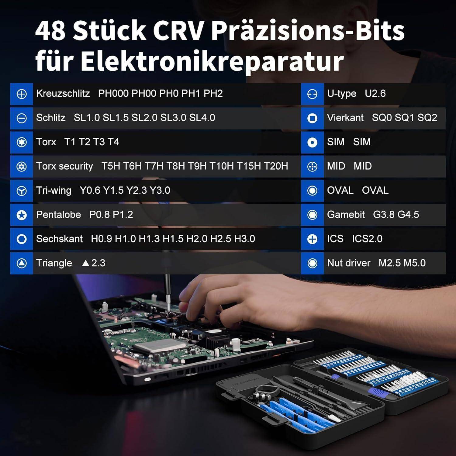 48-teiliges CRV Präzisions-Bit-Set für Elektronik-Reparaturen, das verschiedene Bit-Größen und -Typen umfasst, einschließlich Torx, Dreieck und U-Typ.