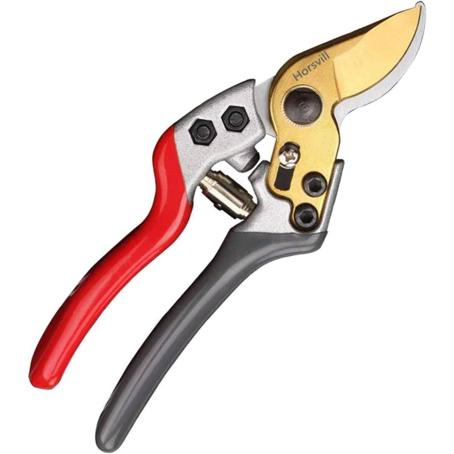 Gartenschere mit rot-grauem Griff, goldener Klinge mit der Aufschrift 'Hatsvill', entwickelt zum Schneiden von Ästen und Stängeln.