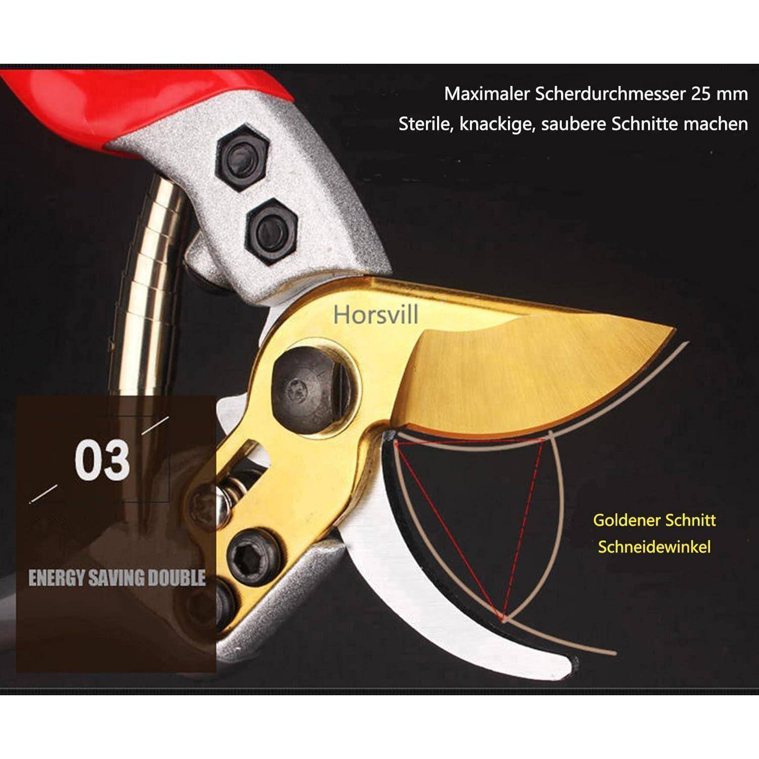 Nahaufnahme einer Gold- und Silber-Gartenschere mit rotem Griff. Der deutsche Text hebt die Merkmale und präzisen Schnittfähigkeiten hervor.