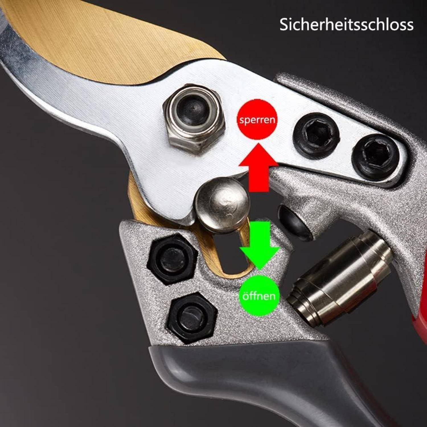 Nahaufnahme einer Gartenschere mit beschrifteter Verschlussmechanik. Roter Pfeil 'sperren' zeigt die Sperrposition; grüner Pfeil 'öffnen' zeigt die Entsperrung.