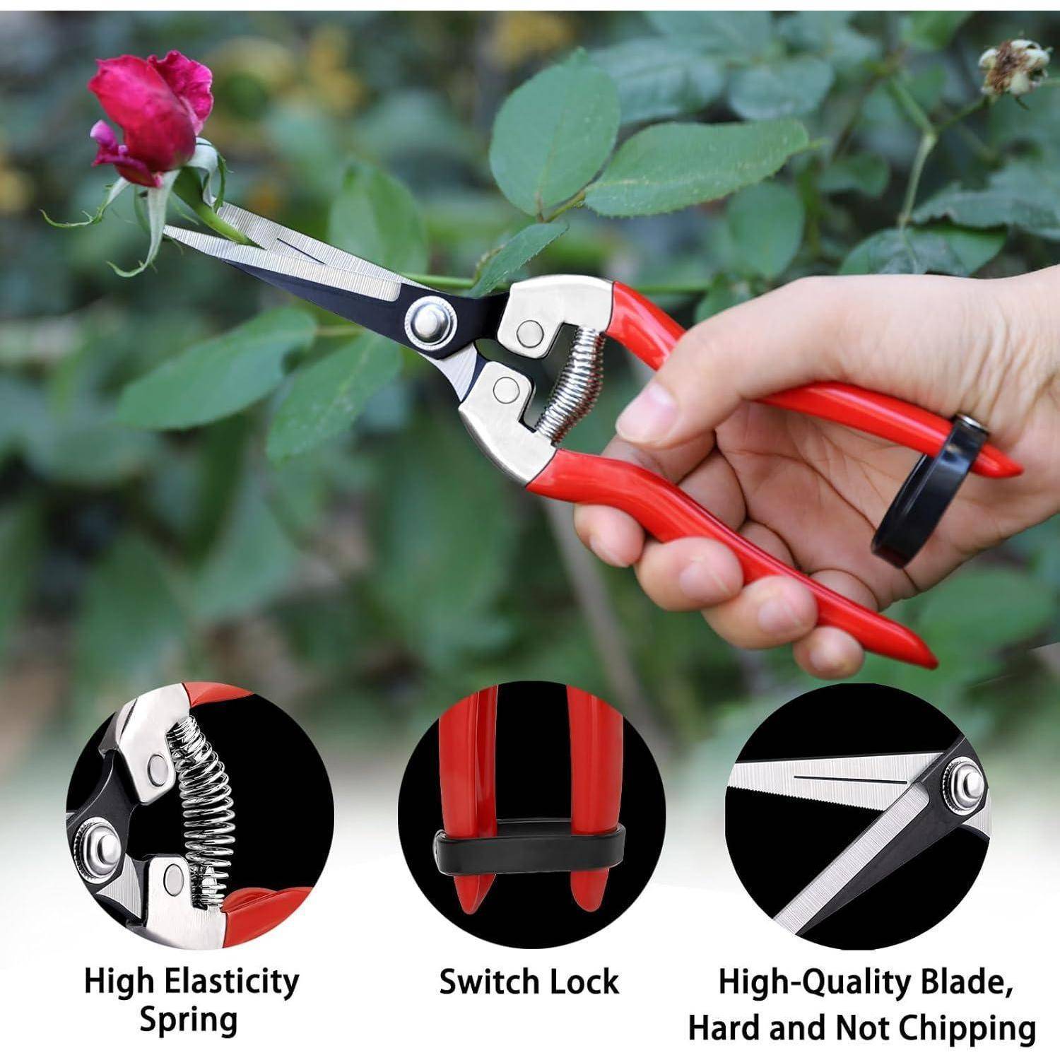 Eine Person verwendet rote Gartenscheren, um einen Rosenstängel zu schneiden. Einschübe zeigen 'Hochelastische Feder', 'Verriegelungsschalter' und 'Hochwertige Klinge'.