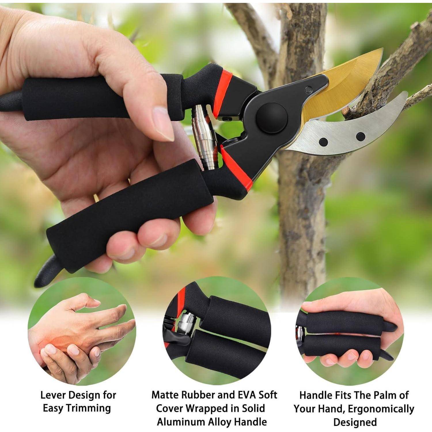 Eine Hand verwendet Gartenscheren an einem Ast. Eingesetzte Bilder zeigen Merkmale: Hebelmechanik, Gummi- und EVA-Beschichtung und ergonomischen Griff.