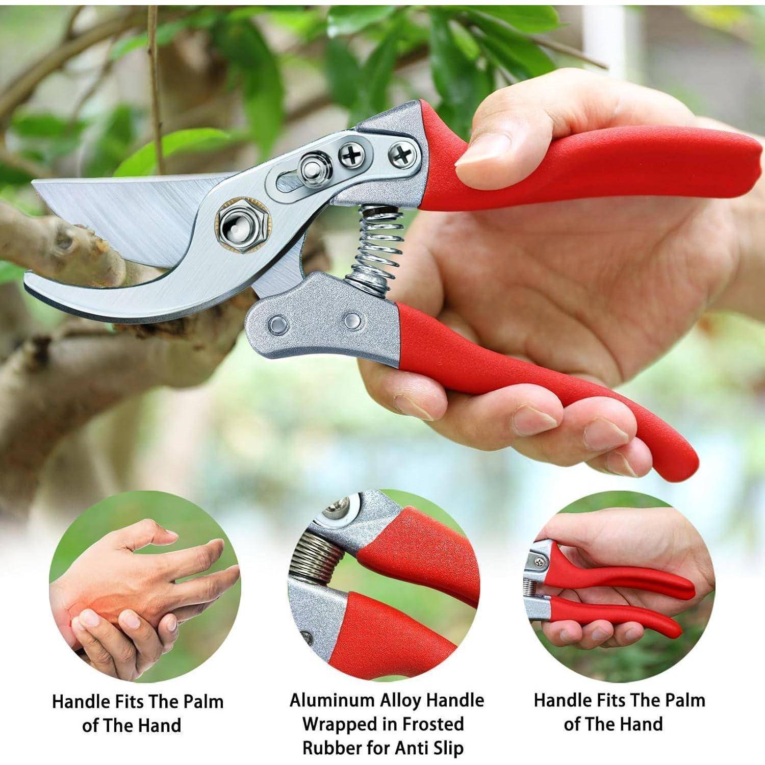 Eine Hand verwendet Gartenscheren mit roten Griffen, um einen Ast zu durchtrennen. Eingesetzte Bilder zeigen Merkmale der Scheren: ergonomischen Griff, rutschfeste Gummierung, Klingen aus Edelstahl.