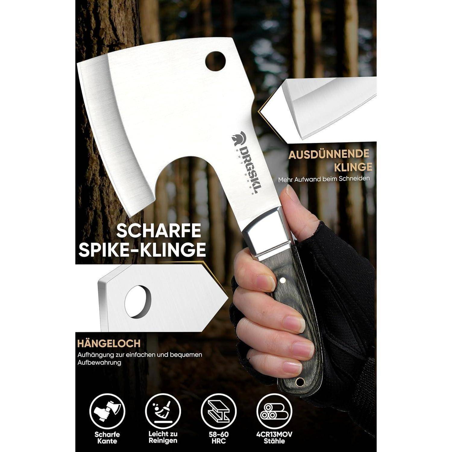 Eine Hand hält ein Hackmesser mit einer scharfen Klinge und einem Aufhängeloch für einfache Aufbewahrung. Der Text hebt die leichte Reinigung und das robuste Stahlmaterial hervor.