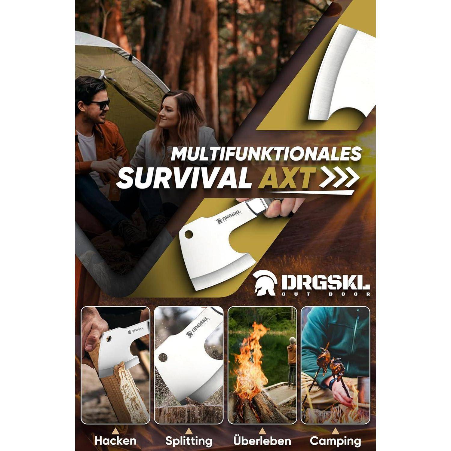 Ein Multitool-Axt-Werbung, die verschiedene Anwendungen zeigt: Hacken, Spalten, Überleben und Camping. Ein Paar sitzt neben einem Zelt in einer Waldlandschaft.