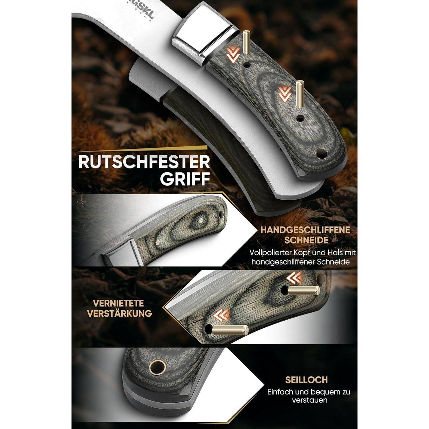 Bild, das Merkmale eines Messers zeigt: 'Rutschfester Griff', 'Handgeschliffene Schneide', 'Vernietete Verstärkung' und 'Seilloch'.