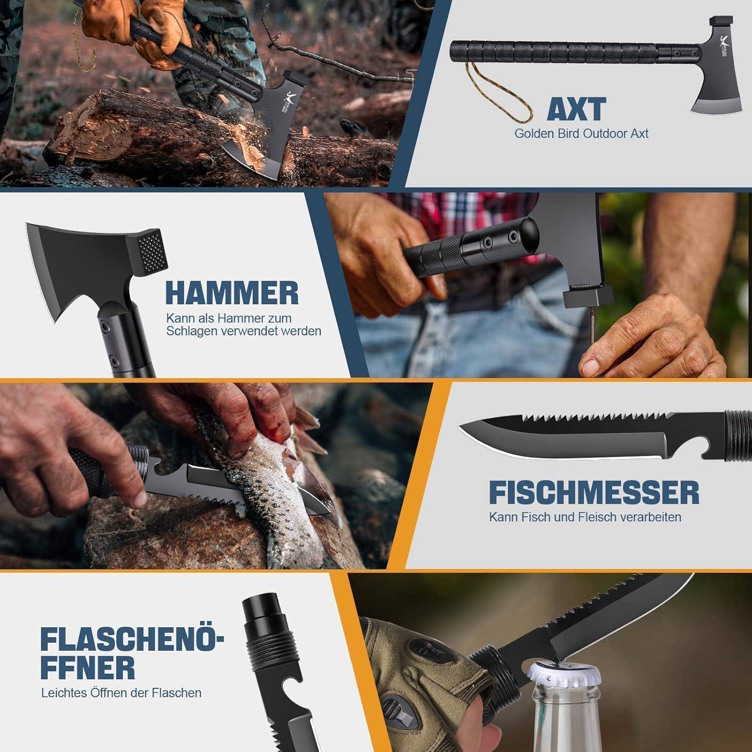 Axt Camping Survival 9in1 Multitool Kompass Pfeife 41cm