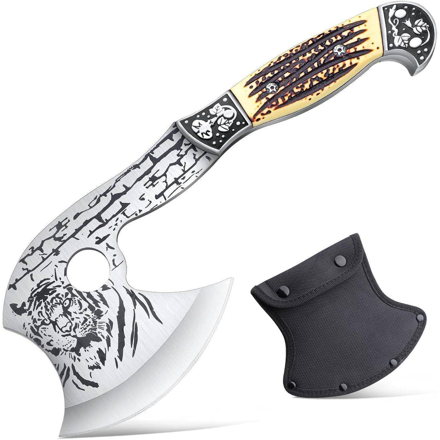 Ein Messer mit einem Tigerdesign auf der Klinge, versehen mit einem kunstvoll verzierten Griff, zusammen mit einer schwarzen Schutzscheide.