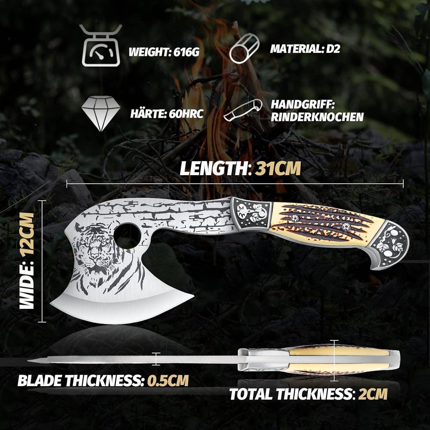 Ein dekoratives Messer mit einer gekrümmten Klinge und aufwendigem Griffdesign. Hauptmerkmale: Länge 31 cm, Breite 12 cm, Klingenstärke 0,5 cm.