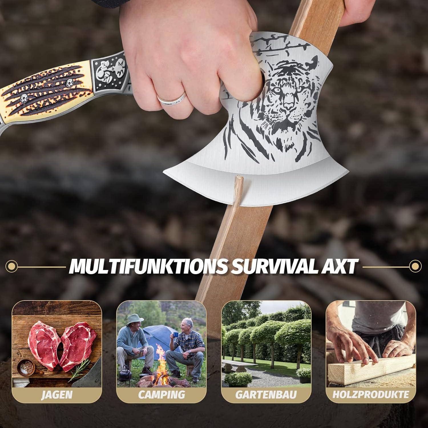 Eine Hand, die eine dekorative Axt mit einem Tigerdesign hält. Darunter vier Bilder, die Aktivitäten darstellen: Jagd, Camping, Gartenarbeit und Holzbearbeitung, mit deutschen Beschriftungen versehen.