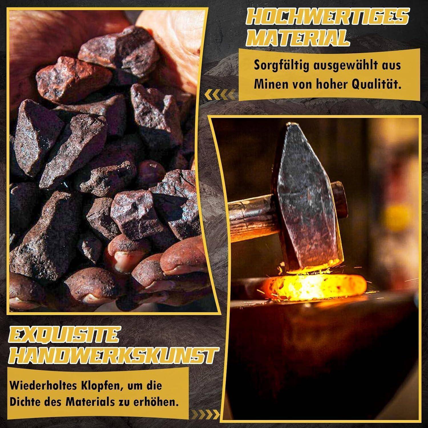 Ein Bild von 'exquisiter Handwerkskunst' zeigt Rohmaterialien, die gehämmert werden, wobei die hochwertige Auswahl und traditionelle Techniken betont werden.