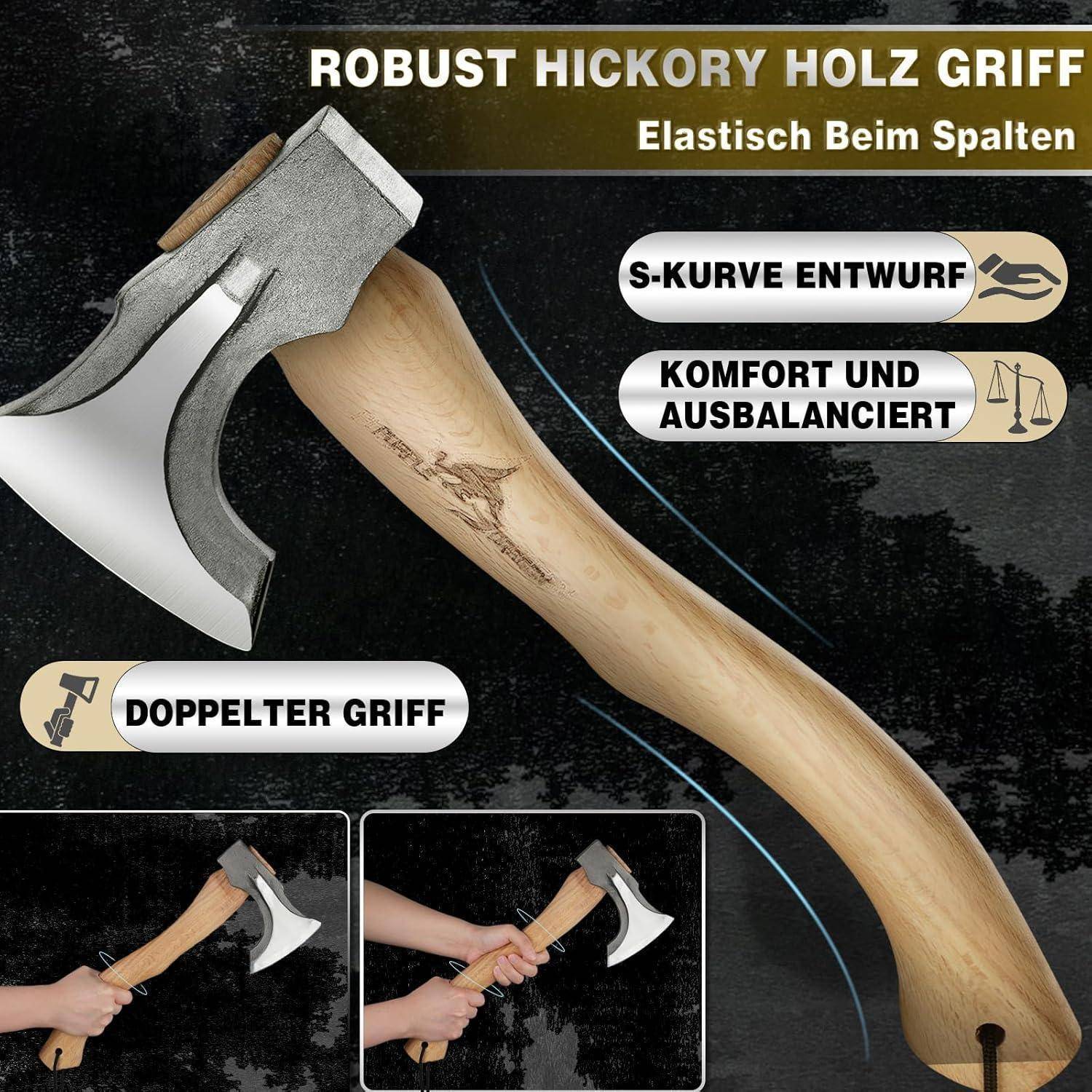 Beil mit robustem Hickory-Griff. Merkmale umfassen S-Kurven-Design, Komfortgriff, ausbalanciert zum Spalten. Enthält Bilder mit doppeltem Griff.
