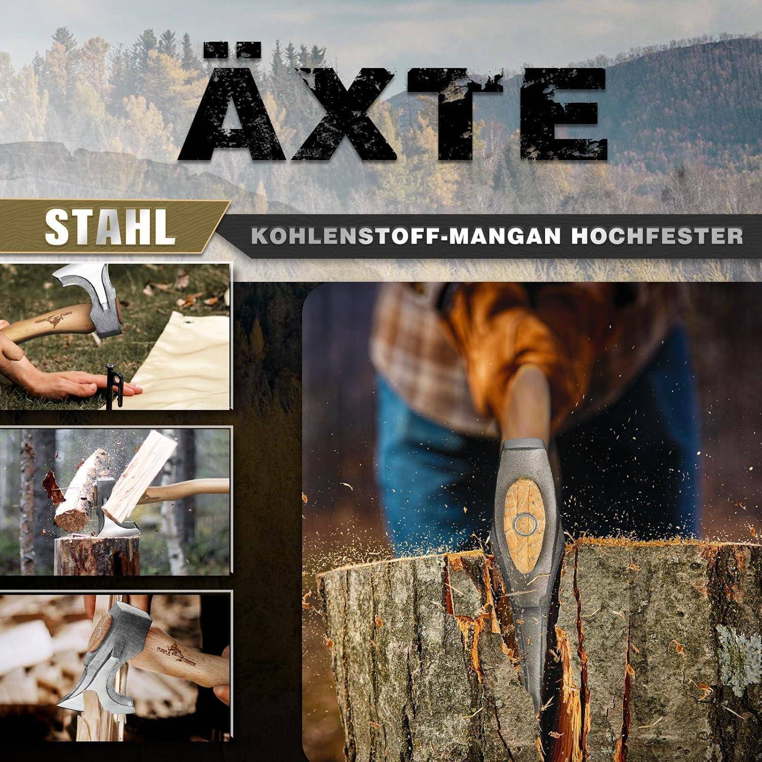Poster für eine Axt-Marke mit verschiedenen Äxten und Holzhack-Szenarien. Der Text 'Äxte' und 'Kohlenstoff-Mangan Hochfester Stahl' sind hervorgehoben.