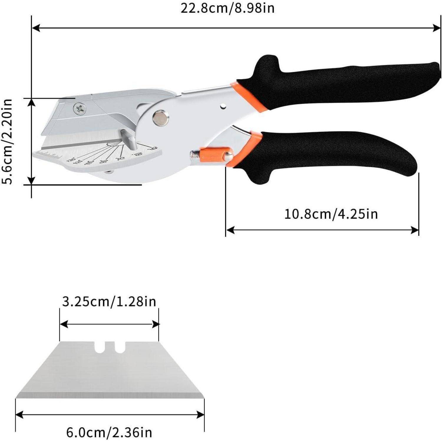 Schneidewerkzeug mit schwarzen Griffen und einer Maßskala auf der Klinge. Abmessungen: 22,8 cm Länge, 10,8 cm Griff; Ersatzklinge 6 cm Breite.