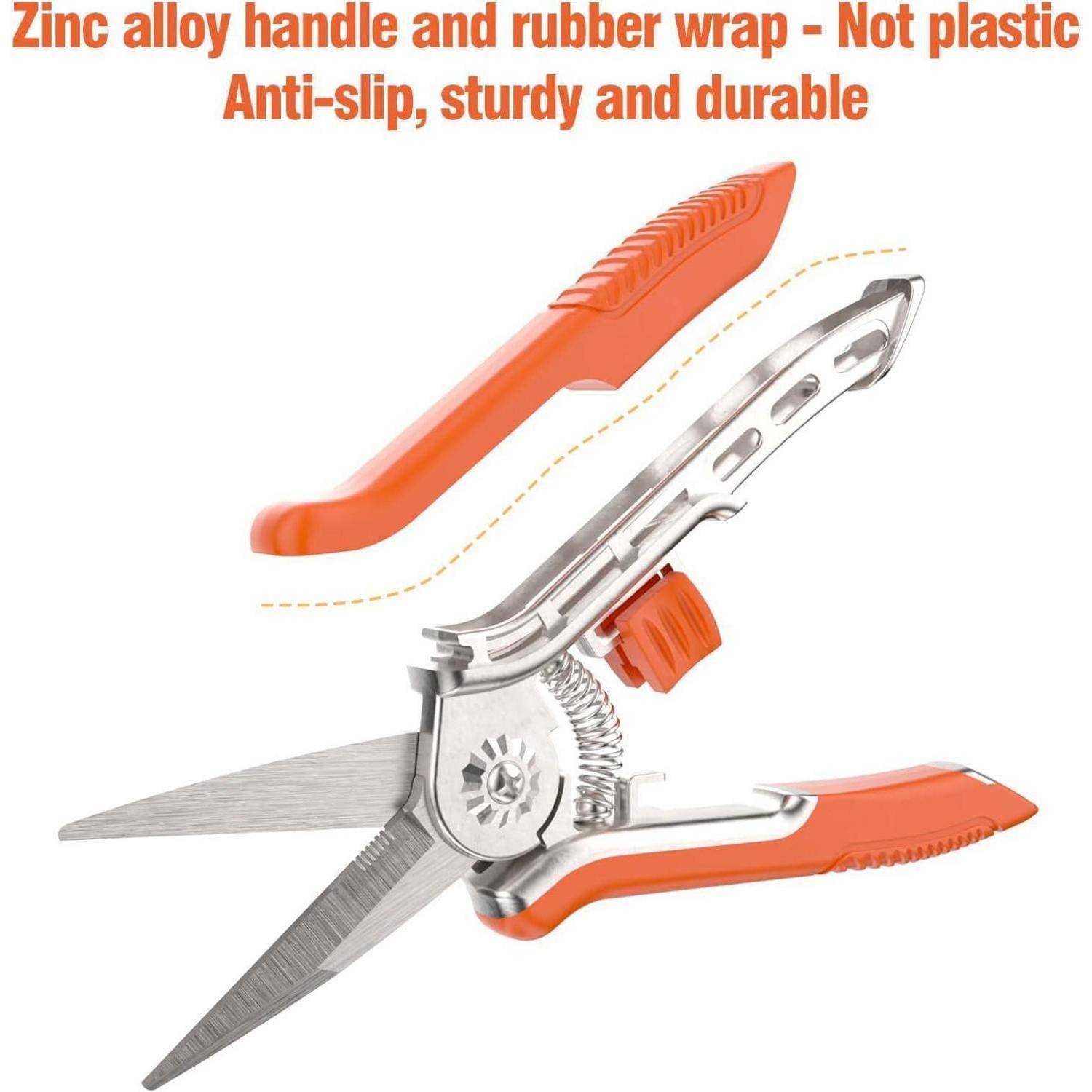 Orangefarbene Schere mit Zinklegierung, Gummigriff und rutschfester Konstruktion. Text: 