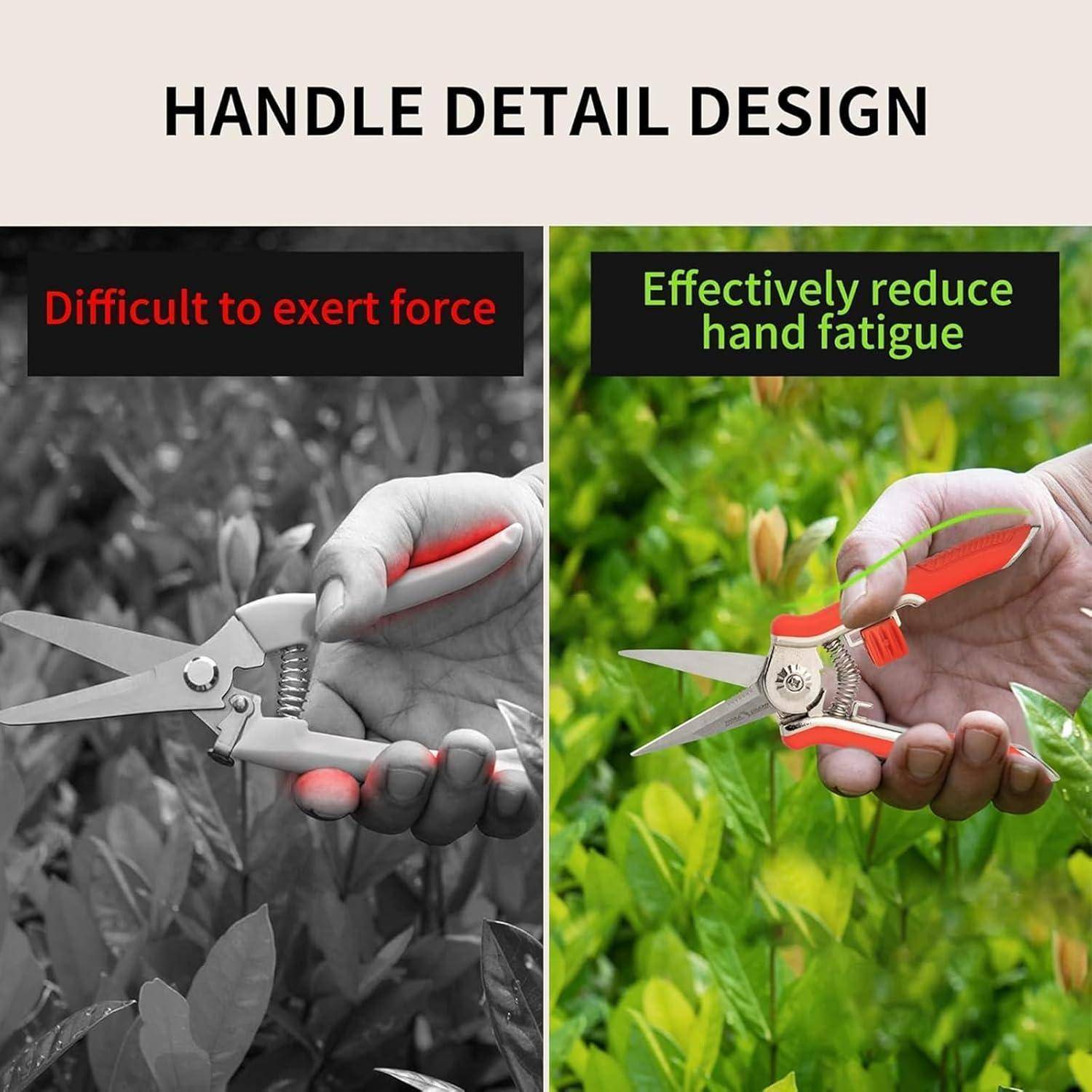 Griffdetail-Design: Schwer zu betätigen links mit schwarzer Schere, 'Effektiv Handfatigue reduzieren' rechts mit roter Schere.