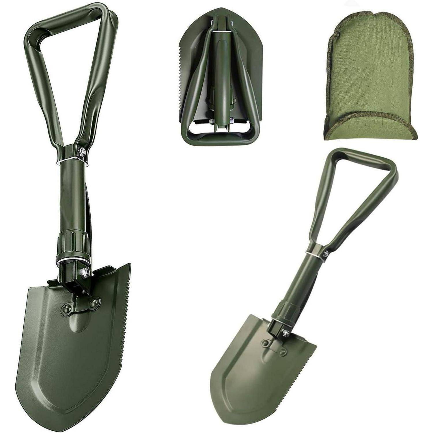 Klappbare Militär-Schaufel mit gezackter Kante, geöffnet, zusammengefaltet und in einem Transportetui gezeigt.