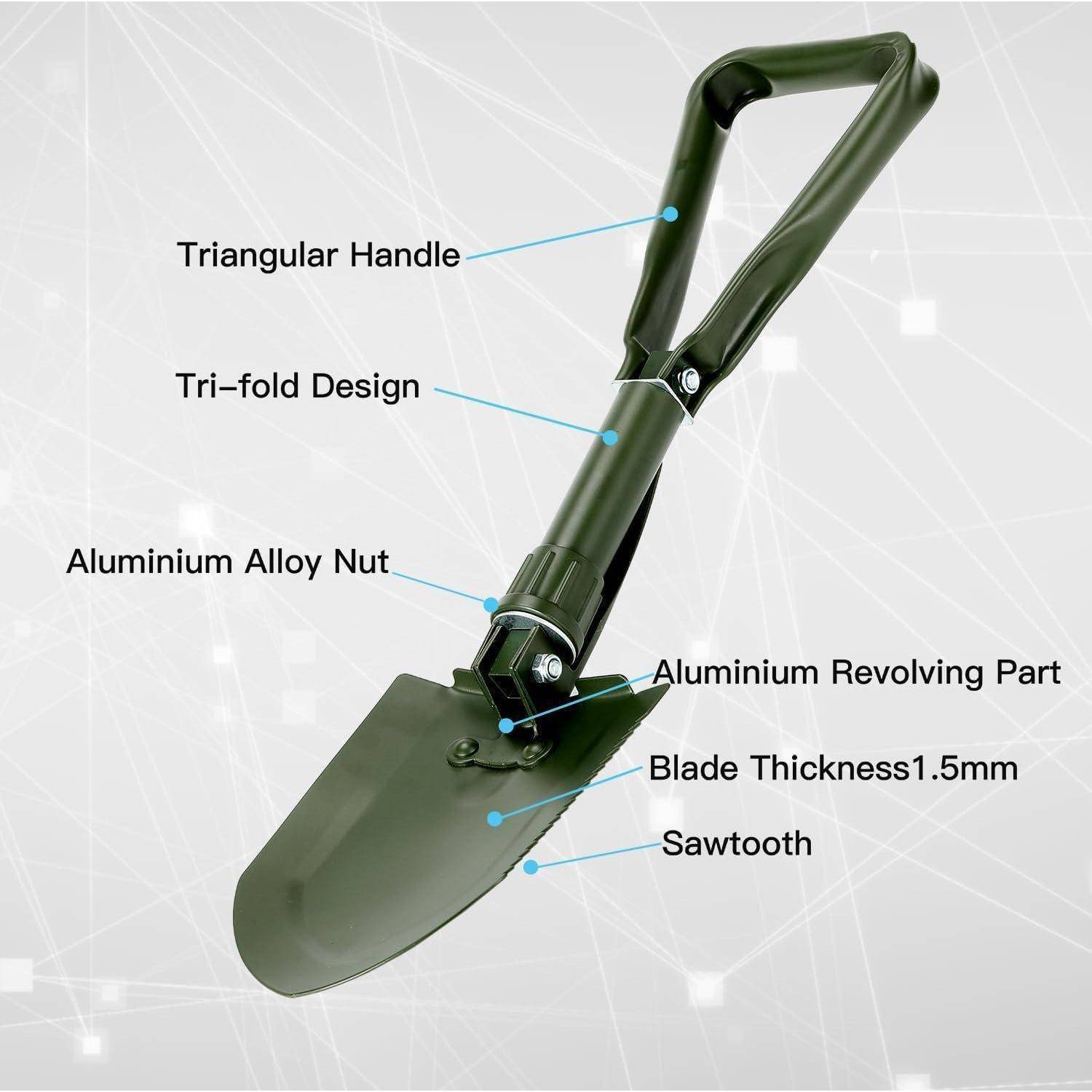 Klappspaten mit dreieckigem Griff, Dreifach-Faltdesign, Aluminiumlegierungs-Mutter, drehbarem Aluminiumteil, 1,5 mm Klingenstärke und gezahnter Klinge.