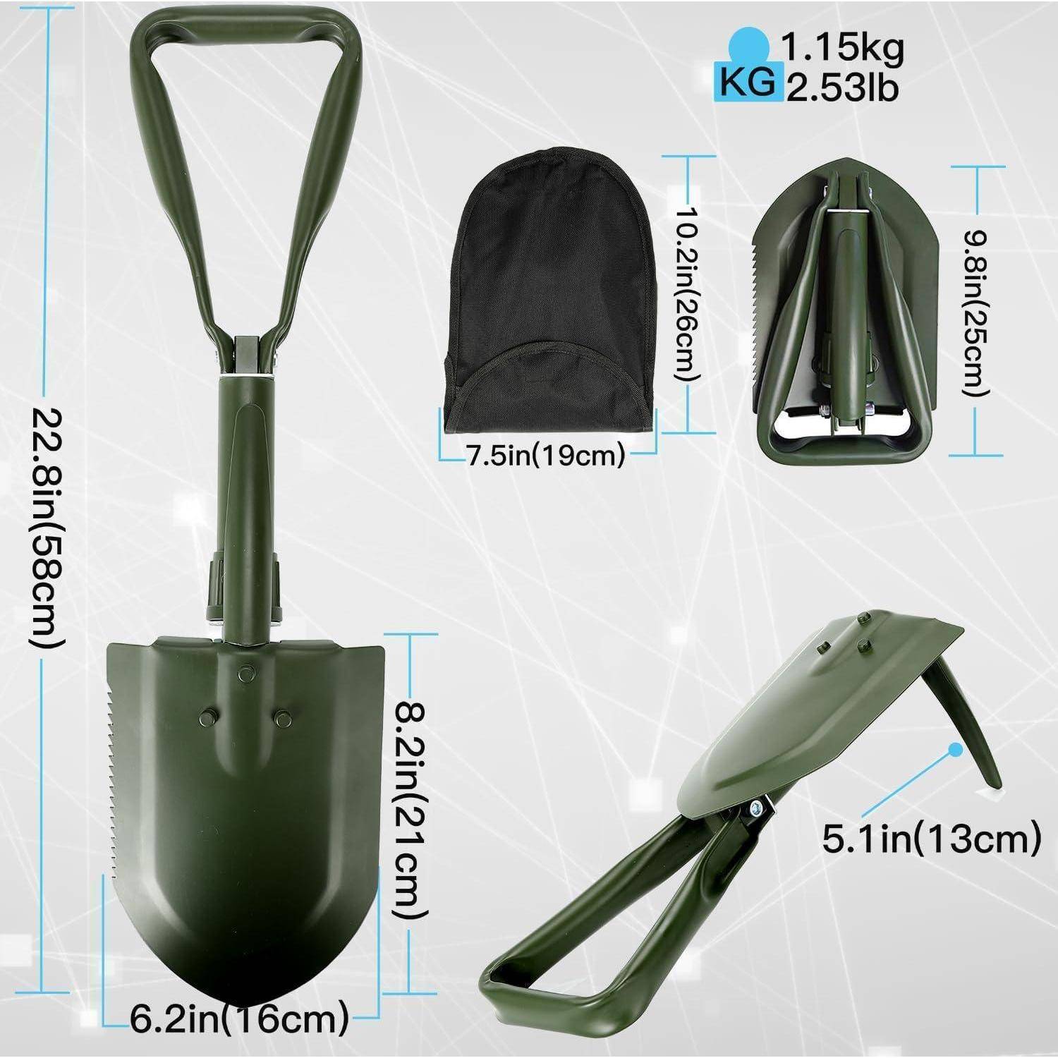 Zusammenklappbare grüne Schaufel mit Maßangaben: Höhe 22,8 Zoll (58 cm), Breite 6,2 Zoll (16 cm) und Gewicht 1,15 kg (2,53 lb). Inklusive Transporttasche.