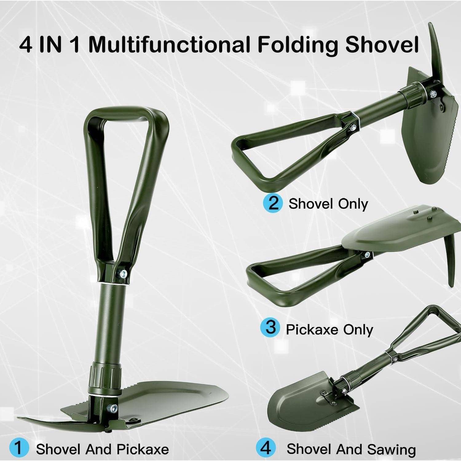 Bild zeigt einen 4-in-1 multifunktionalen Klappspaten. Enthält Optionen: 1. Schaufel & Spitzhacke, 2. Nur Schaufel, 3. Nur Spitzhacke, 4. Schaufel & Sägen.